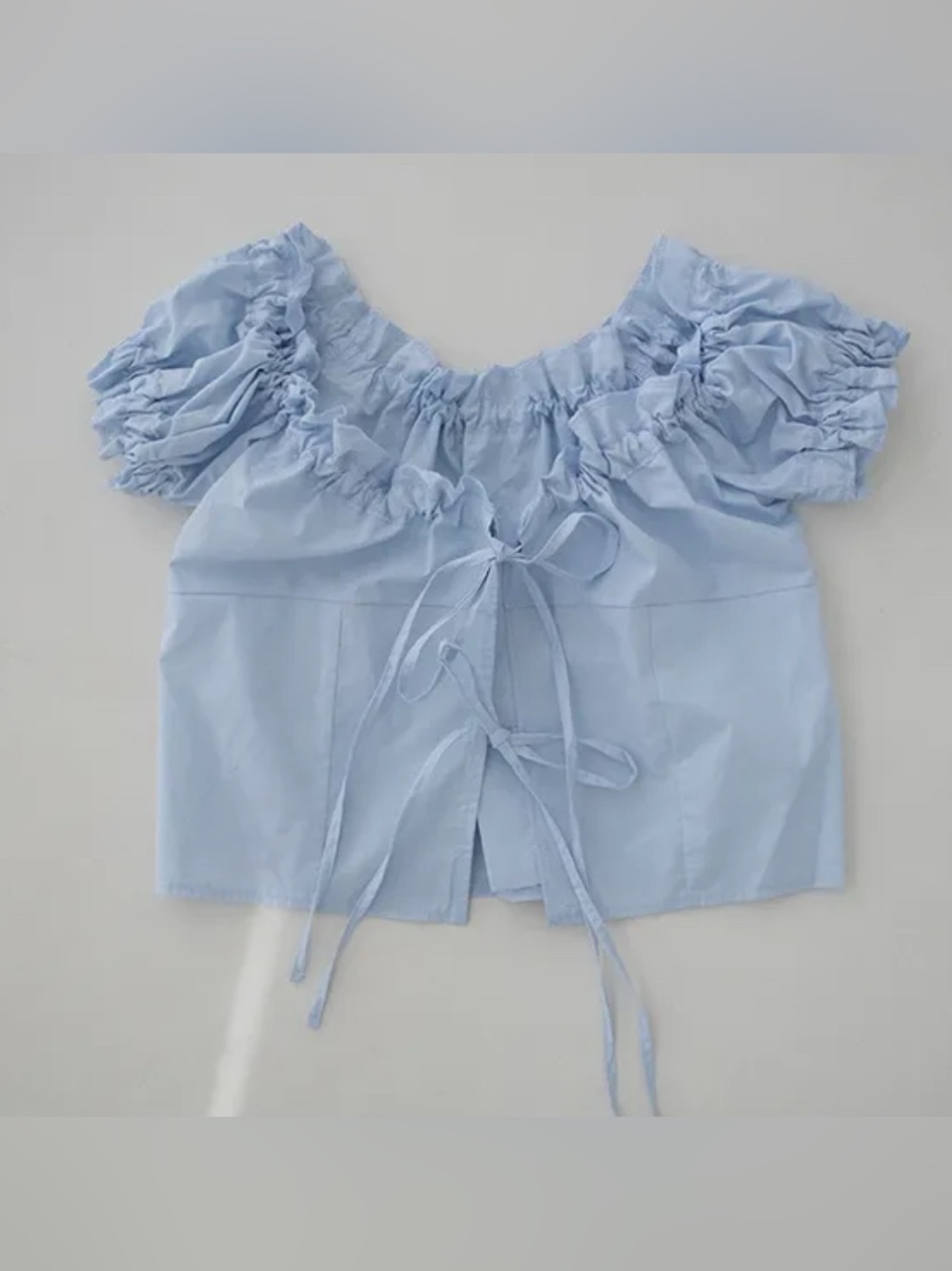 Light Blue Off-Shoulder Tie-Front Ruffle Blouse